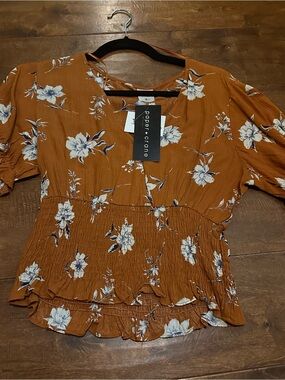 Paper Crane Rust Floral Smocked Peplum Blouse